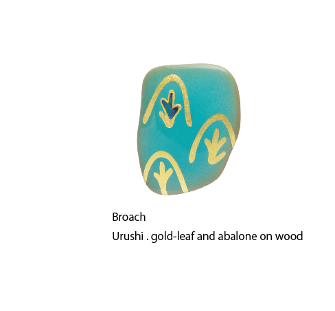 Broach Urushi . gold-leaf and abalone on wood